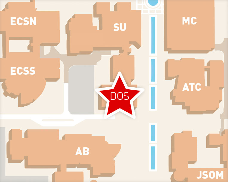 campus map highlighting the Dean of Students office